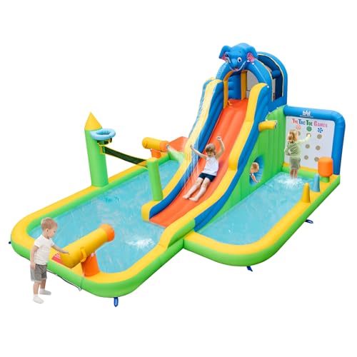 COSTWAY Castello Gonfiabile per Bambini, Casa Gonfiabile con Piscina, Parete da Arrampicata, Cannoni d'Acqua, per 3 Bambini di 3-10 Anni, 378 x 469 x 250 cm