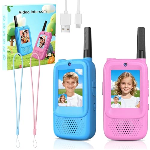 Video Walkie Talkies for Kids,2 Pack Kids Walkie Talkies,1640 Feet Long Range Walkie Talkies Kids With 4 Voice Changer,Gift Toys for Outdoor Play Camping Hiking for Boys Girls Ages 3-12(Blue+Pink)