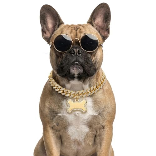 Aeaocvo Gold Chain Dog Collar with Bone Pendant, 10 Inch Gold Chain Collar for Dogs, Metal Chains Necklace Small Dogs, Kittens (Gold, S)