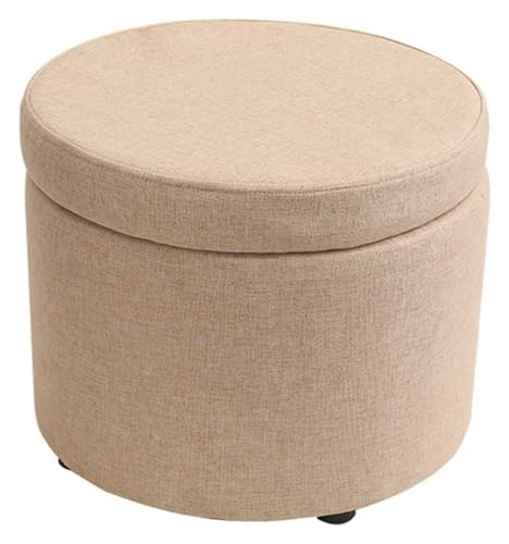 Pouf de rangement rond en lin beige pour salon | Table basse et repose-pieds - 5