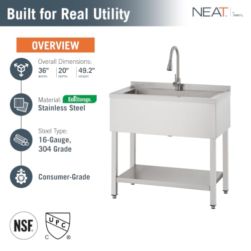 Image of EcoStorage Stainless Steel Utility Sink, Oversized Freestanding Single Bowl Utility Sink, Pull-Out Faucet, Garage, Laundry Room, Business, NSF Certified, 36 inchW x 20 inchD x 50 inchH (NHA-0322)