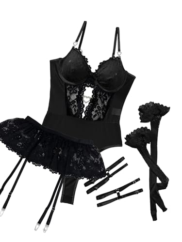 Image of Lace Garter Lingerie Set Underwire Push Up Lingerie Set Stockings
