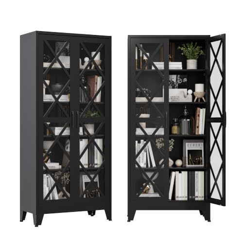 Image of 71 inch Tall Display Cabinet with Glass Doors, Farmhouse Metal Storage Glass Cabinet with 4 Adjustable Shelves, Black Vintage Tall Storage Cabinet for Collectibles,Curio, Books, Chinaware, Figures