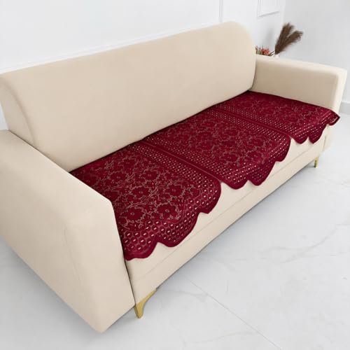 Image of Homerz Premium 'Surya Series' Sofa Cover | Stylish Sofa Protector | Net Fabric | Anti-Stain & Washable Slip Cover Exact Size Antislip (Flower Valley Maroon, 3 Seater, Only Seat Cover)