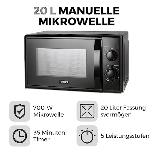 Tower T24034BLK 20 Liter 700W Manuelle Mikrowelle mit 5 Leistungsstufen und einem 35 Minuten Timer - Mikrowelle Schwarz