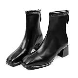 [Minax] ブーツ ショート レディース 太ヒール 歩きやすい 撥水 女性 秋 冬用 軽量 美脚 スクエアトゥ ステッチデザイン ストレッチ 柔らかい バックジップ (ブラック, 24 cm)