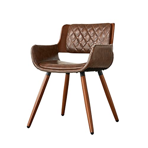 Artplan Mid-Century Modern Accent Bamboo Small Arm Chair With Pu Upholstered Dining Chair For Living Room, Set Of 2,Brown #TOP4