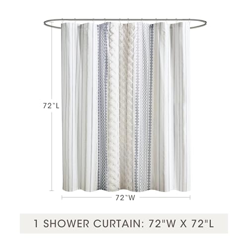 Image of INK+IVY Tufted Chenille 100% Cotton Shower Curtains Machine Washable, Modern Home Bathroom Decor Bathtub Privacy Screen, 72 inch W x 72 inch L, White /Navy (Pack of 4)