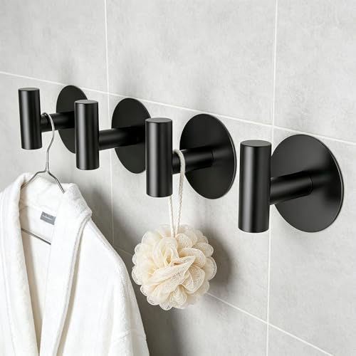 Image of Self-Adhesive Coat Hooks, Stainless Steel Heavy Duty Wall Hooks, Towel Hooks for Hanging Robes, Aprons, Coats and Hats in Bathrooms,Kitchens and Hotels(Black, 4 Pack)