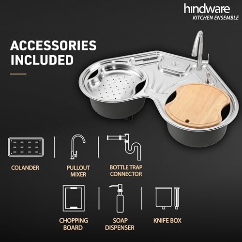 Image of Hindware Kitchen Sink 35 inchx35 inchx9 inch | 304 Grade Stainless Steel | Handmade Single Bowl Sink with Accessories includes- Soap Dispanser, Pullout Faucet, Bottle Trap Connector & Chopping Board (Octavius)