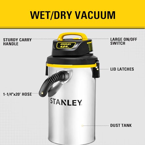 Image of STANLEY Wet Dry Vacuum,4.5 Gallon 4HP Wall Mounted Shop Vac,26 Cleaning Ranging Stainless Steel Tank,Garage / Home /Upholster /Laundry /Rooms Vacuum SL18133