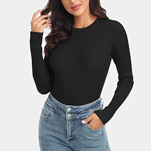 Image of Rocorose Womens Long Sleeve Tops Business Casual Crewneck Sweater 2024 Fall Knit Fitted Shirts