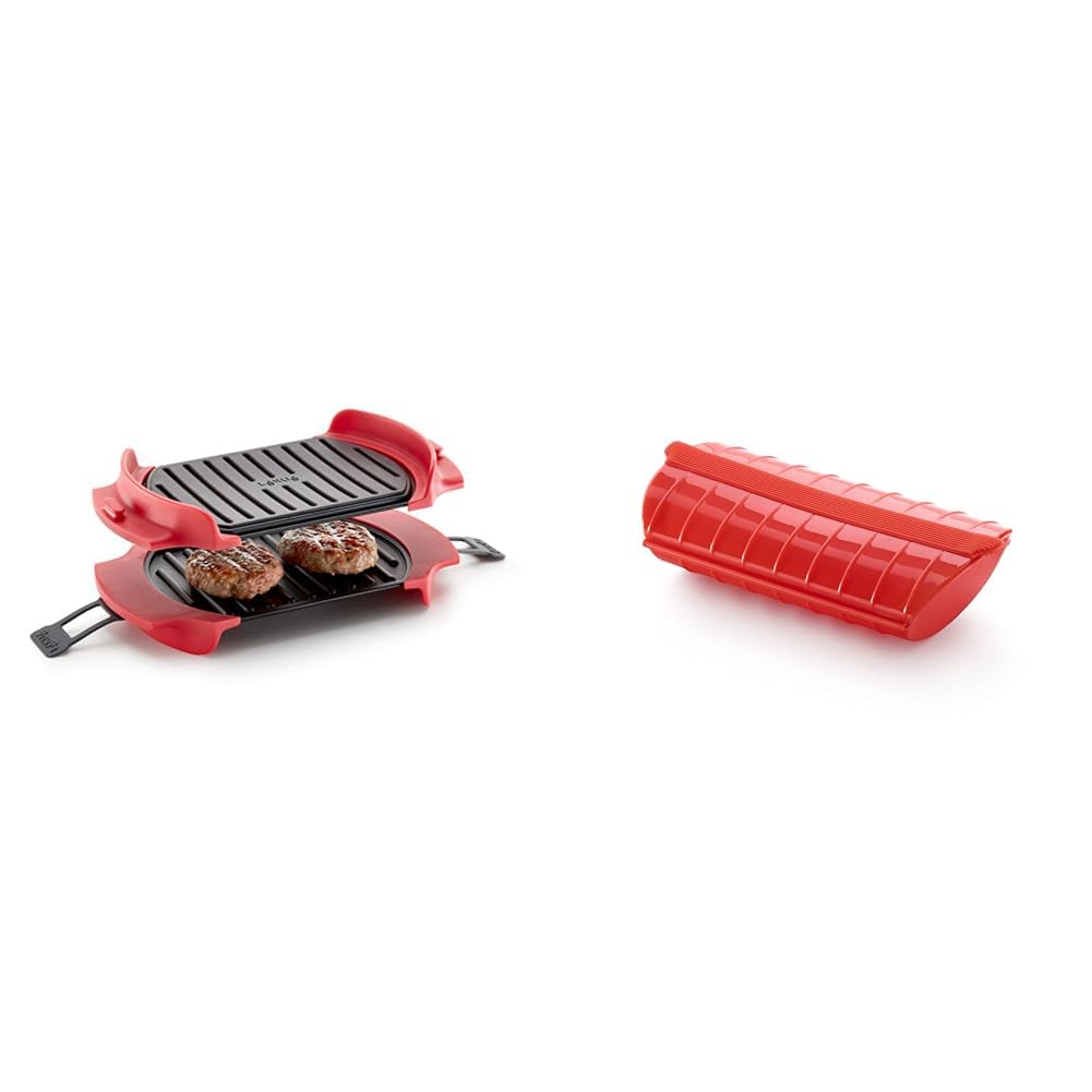 Lékué Microwave Grill, Red microondas, Acero, rojo y negro, Standard 25.2 x 14.8 cm & Estuche de vapor, color rojo, 1-2 personas (650 ml)