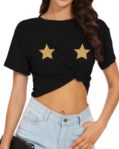 Image of Womens Crop Tops Summer Short Sleeve Round Neck T-Shirts Loose Fit Blouse