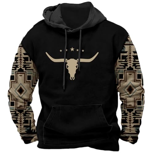 Mens Aztec Hooded Sweatshirt Casual Western Cowboy Hoodies Long Sleeve Drawstring Pullover with Kangaroo Pocket - Main Image