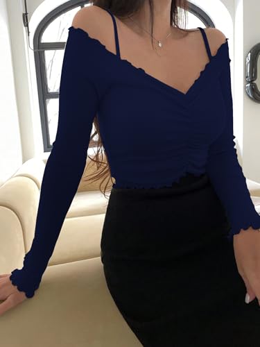Image of Sugathari Women's Purple Solid Colour Open Cold Off Shoulder Long Sleeve Lettuce Hem Casual Autumn Trim Tight- Slim Fitting Ruched Front Ladies' Camisole Top, Tee, T-Shirt (T-Shirt 184)