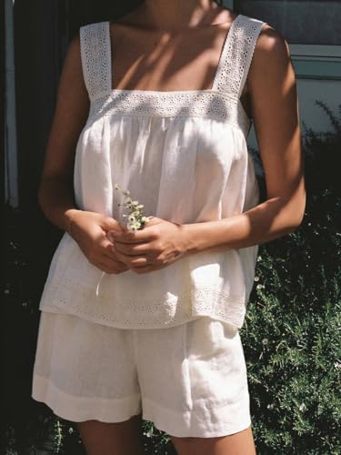 Womens Summer 2 Piece Short Sets Sleeveless Top and High Waist Wide Leg Shorts Cotton Pajamas Set4