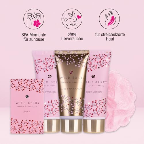 Accentra - Set de ducha para mujer Wild Berry en bonita jaula de pájaros, set de baño de 5 piezas, regalo con gel de ducha, loción corporal, jabón, crema de manos y esponja de malla – Set de bienestar - imagen 3