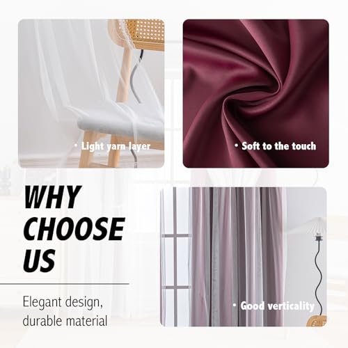 Image of Anytime Double Layer Blackout Curtains 2 Panels,52Wx120L,Wine Red | Sheer And Fabric Window Drapes Grommet Top Solid Color Bedroom Living Room Home Decor