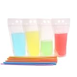 Zicome Reclosable Stand Up Drinks Pouches Bags with Plastic Flexible Straws, Set of 50