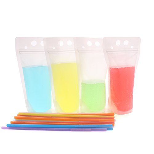 Warmbuy Reclosable Stand Up Drinks Pouches Bags with Plastic Flexible Straws, Set of 50