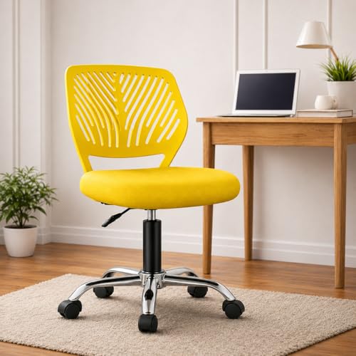 Image of Modern Ergonomic Office Chair, Yellow, Adjustable Height, Chrome Base, Mesh Back Design, Rolling Wheels, Task Seating