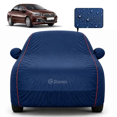 Image of Car Cover for Fiat Linea | 100% Waterproof Heavy-Duty 3-Layer Car Body Cover | All-Weather Rain, UV, Sun & Dust Protection | Custom Fit | Mirror & Antenna Pockets | Navy Blue