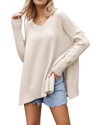 Women's V Neck Oversized Sweaters Long Batwing Sleeve Split Hem Pullover Slouchy Casual Knit Sweater