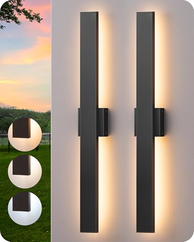Image of EDISHINE 31.5 inch LED Outdoor Wall Lights, Modern Exterior Light Fixtures | 2 Pack, 3CCT & 10%-100% Dimmable, IP65 Waterproof, Back Light, Memory Function, Long Exterior Lighting Fixtures for Garage