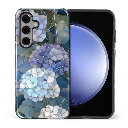 Coque Samsung S24 antichoc hybride 2 couches avec motif hortensia bleu