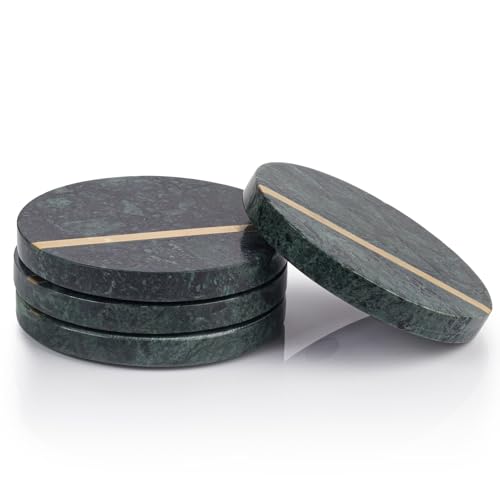 EHC Round Marble Coasters With Gold Inlay - Set of 4 Non-Slip for Drinks, Coffee, Beer Bar Mat in Green