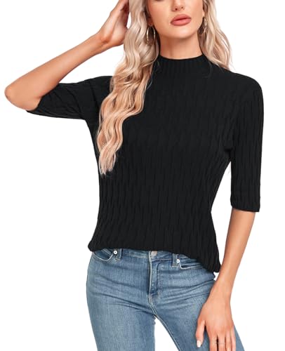 Image of MINTLIMIT Womens Turtleneck Sweaters Short Sleeve 2024 Fall Winter Casual Texture Shirt Blouse Knit Pullover Sweater