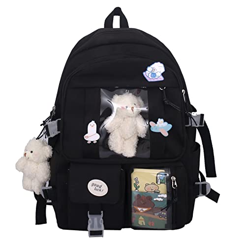 Freie Liebe Mochila escolar Kawaii para meninas linda mochila estética mochila escolar com broche e acessórios, Preto, Large