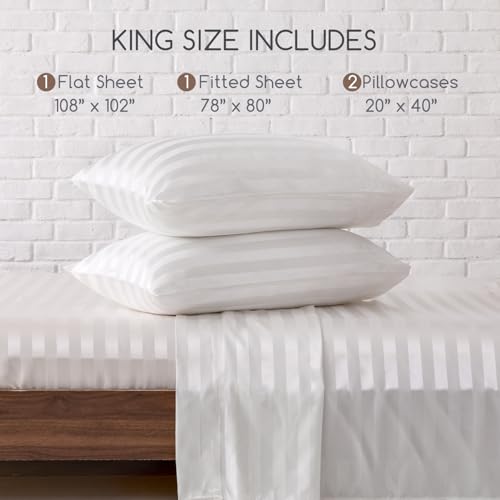 Image of MR&HM Satin Bed Sheets, King Size Sheets Set, 4 Pcs Silky Bedding Set with 15 Inches Deep Pocket for Mattress (King, Ivory Striped)