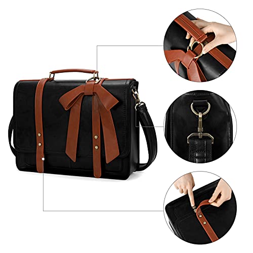 ECOSUSI dames aktetas, laptoptas 15,6 inch, vintage schoudertas met afneembare strik, schooltas, zwart/bruin - Image 5