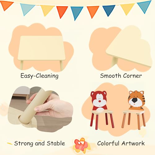 Image of Wood Table & Chairs 3 Pieces Set, Boys Girls Activity Table w / 2 Animal Shaped Chairs, Solid Wood Legs, Safe Rounded Corners, Playroom Furniture for Boys & Girls Activity Dining Drawing Craft.