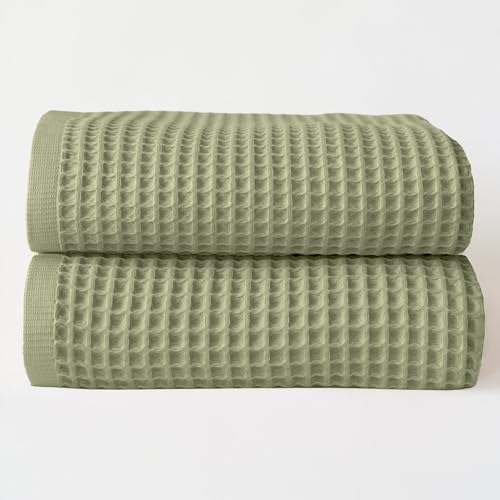 Viva Maison Premium Waffle Bath Towel Pack of 2, Sage Green, Extra Large 35x71 inch - 100% Turkish Cotton, Waffle Weave, Quick-Dry, Lint-Free, Lightweight Bath Sheet Towel (Sage, Set of 2 Bath Towels)