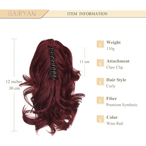 Gairyan 12" Clip in Ponytail Hair Extensions Curly Ponytail Extension Claw on Pony tails Wavy Synthetic Hairpieces for Women Real Look Short Wave (Wine Red) - Image 2