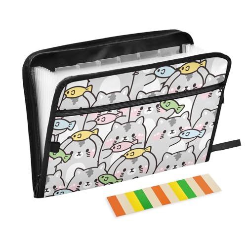 SoreSore ドキュメントファイル A4 大容量 13ポケット ねこ 猫柄 魚 グレー 可愛い かわいい ファイル整理 収納バッグ 書類ケース 仕分け 前ファスナー付き