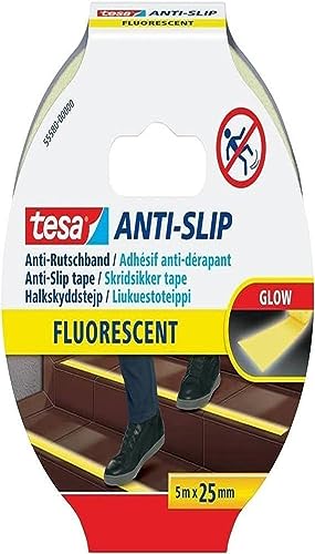tesa Nastro Antiscivolo Fluorescente, Adesivo antiscivolo riflettente per l'uso interno ed esterno, Per scale, rampe, pavimenti lisci o bagnati e barche, Bianco, 5 m x 25 mm