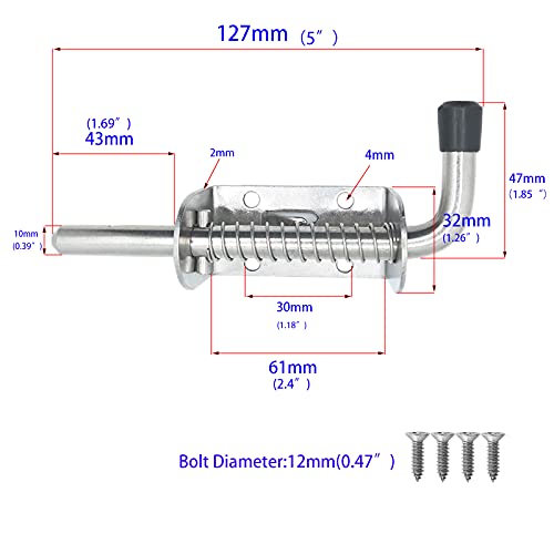 2 Pack 5 Inch Heavy Duty Spring Loaded Latch Pin, 304 Stainless Steel Sliding Barrel Bolt Door Lock for Chests/Cabinets/Utility Trailer Gate, 2mm Thickened Interior and Outdoor Latch, Solid Hardware