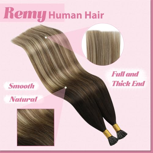 Image of YoungSee I Tip Extensions Dark Brown Ombre, Itip Human Hair Extensions, Balayage Dark Brown to Medium Browns with Blonde, Itip Hair Extension Real Human Hair, 14 Inch 70 Strands 50g, for Short Hair