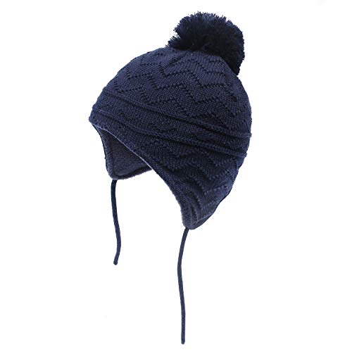 Baby Kids Toddler Fleece Lined Winter Earflap Beanie Hat Knit Warm Pom Skull Cap Hat for Boys Girls (Navy, S:3M-12M/(17.3