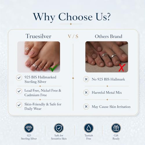 Image of TRUESILVER ACPL 925 Sterling Silver Toe Rings for Women (Adjustable) BIS Hallmarked Multi-Design Bichiya | Pure Chandi Foot Jewelry | Gift for Mom, Anniversary, Birthday