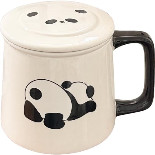 Huiyiwert Divertida taza de té con colador de té y tapa, taza de café de cerámica, diseño de panda, taza de café grande, taza de oficina, filtro de cerámica para remojar hojas de té sueltas (panda