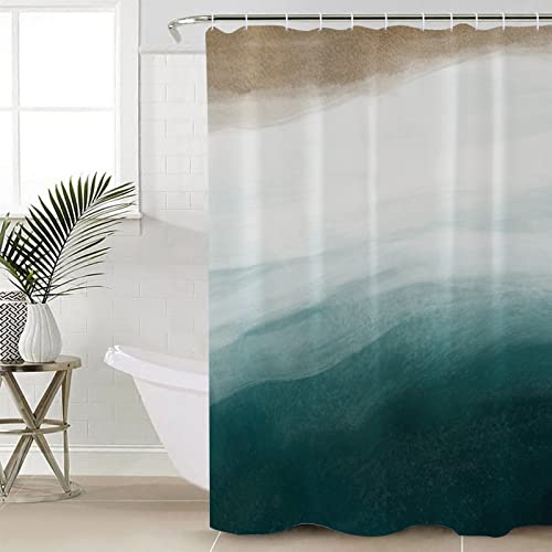 Cortina de ducha abstracta de playa para baño, 137 x 198 cm, cortina de ducha degradada marrón blanco turquesa con ganchos, poliéster impermeable, decoración de bañera para el hogar