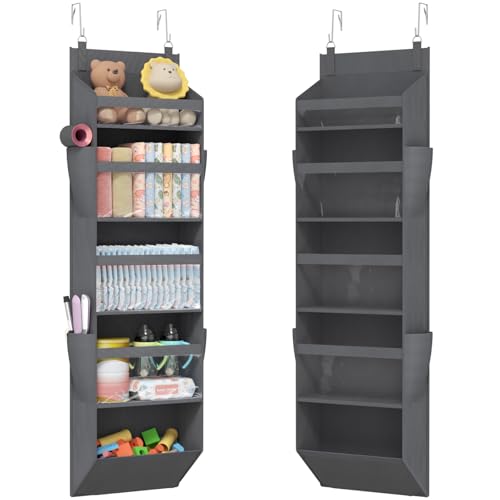 Lifewit 1 Pack Over the Door Organizer, Clear Window Hanging Storage with 4 Mesh Side Pockets, Anti Tilt 40 lbs Load Behind Door for Pantry, Nursery, Bathroom, Bedroom, Dorm, 5 Section, Gray
