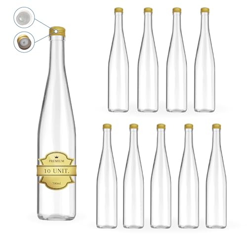 10 botellas de cristal de 700 ml con tapón de rosca dorado con boquilla para bebidas espirituosas como ron, whiskey, vodka o aceite de oliva, agua y licor