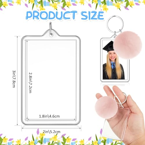 Image of 12 Pack Acrylic Photo Keychains with Colorful Pom Poms, 2 x 3 Inch | Double Sided Acrylic Photo Keychains, Easy DIY for Back to School Students Gifts, Classroom Rewards,, Graduation Keepsakes