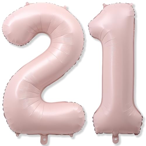 Light Pink 21st Birthday Balloon for Women 40 Self Inflating Mylar Number 21 Balloons Big Blush Pastel Pink Foil 2 & 1 Helium Balloon for Her Boho Coquette 12th 21st Birthday Party Decorations
